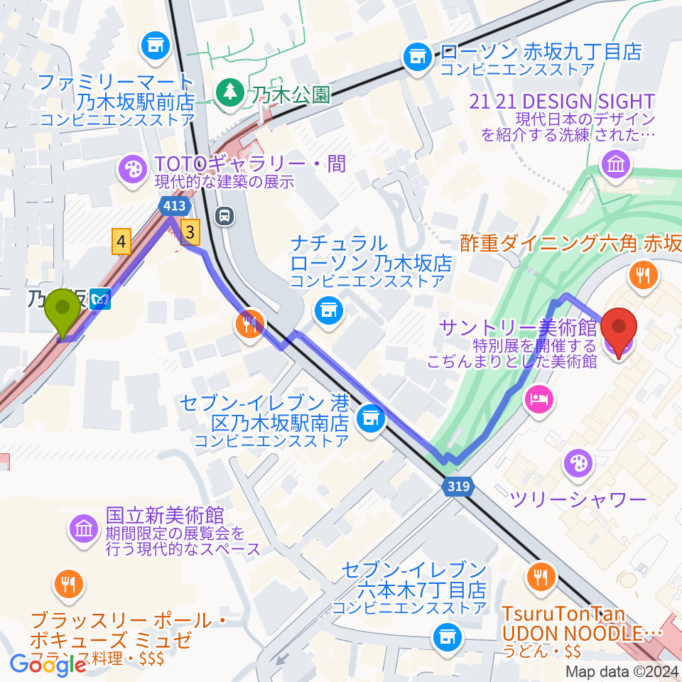 サントリー美術館の最寄駅乃木坂駅からの徒歩ルート（約6分）地図