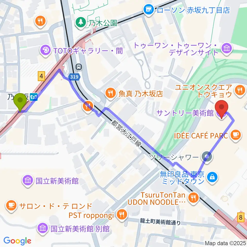 サントリー美術館の最寄駅乃木坂駅からの徒歩ルート（約6分）地図