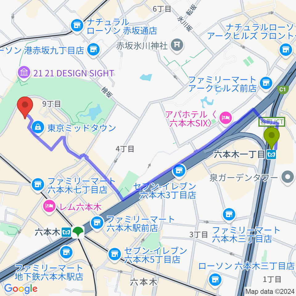 六本木一丁目駅からサントリー美術館へのルートマップ地図