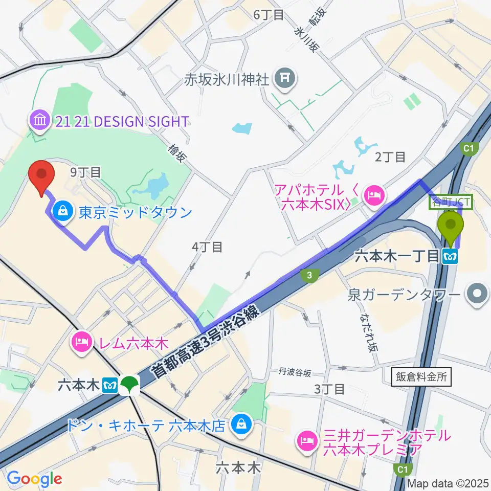 六本木一丁目駅からサントリー美術館へのルートマップ地図