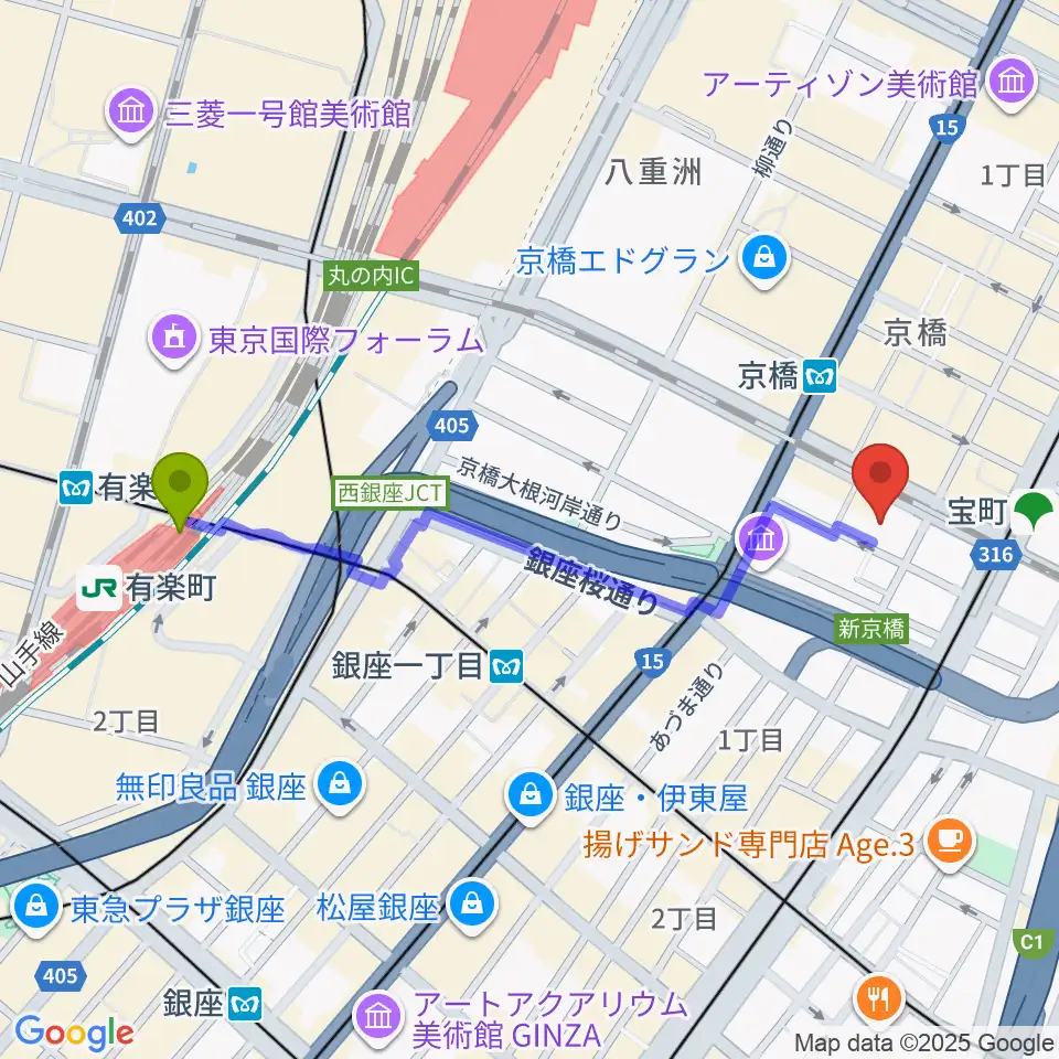 有楽町駅から国立映画アーカイブへのルートマップ地図