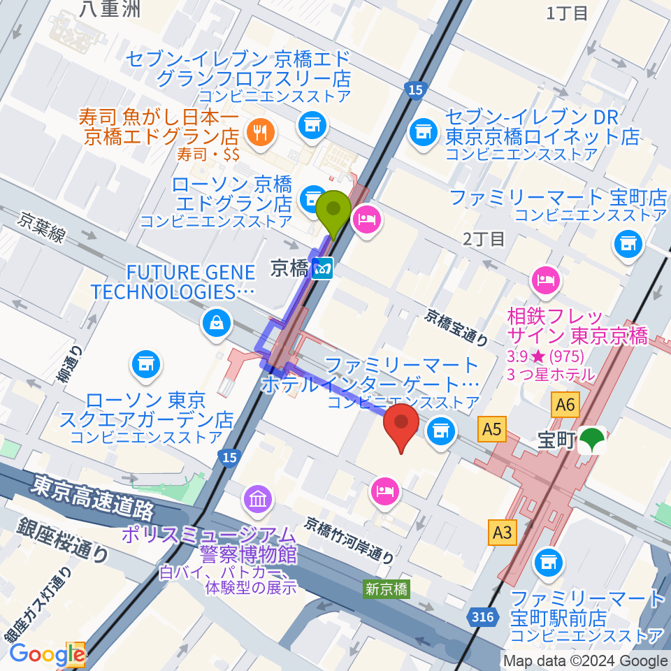 国立映画アーカイブの最寄駅京橋駅からの徒歩ルート（約3分）地図