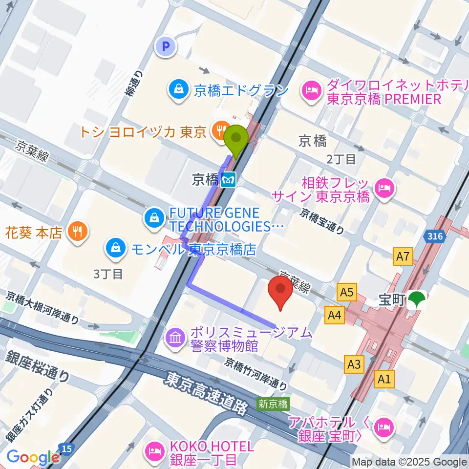国立映画アーカイブの最寄駅京橋駅からの徒歩ルート（約3分）地図