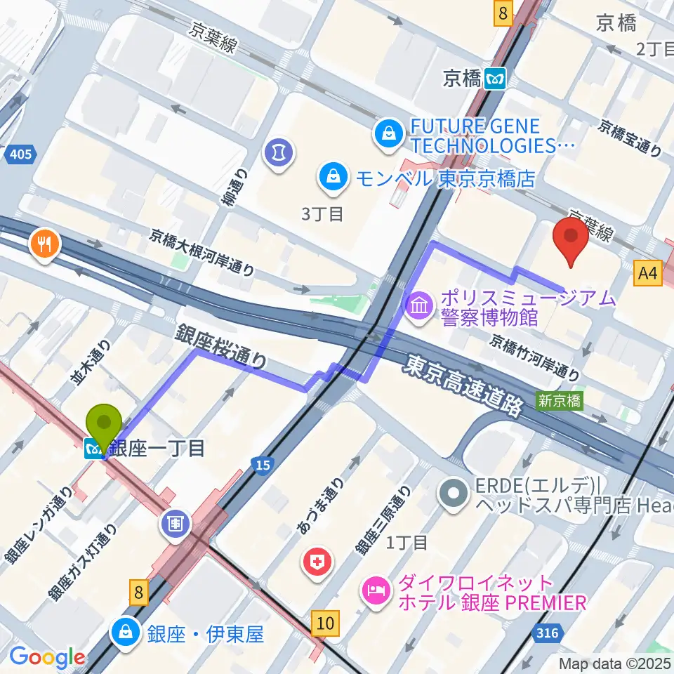 銀座一丁目駅から国立映画アーカイブへのルートマップ地図