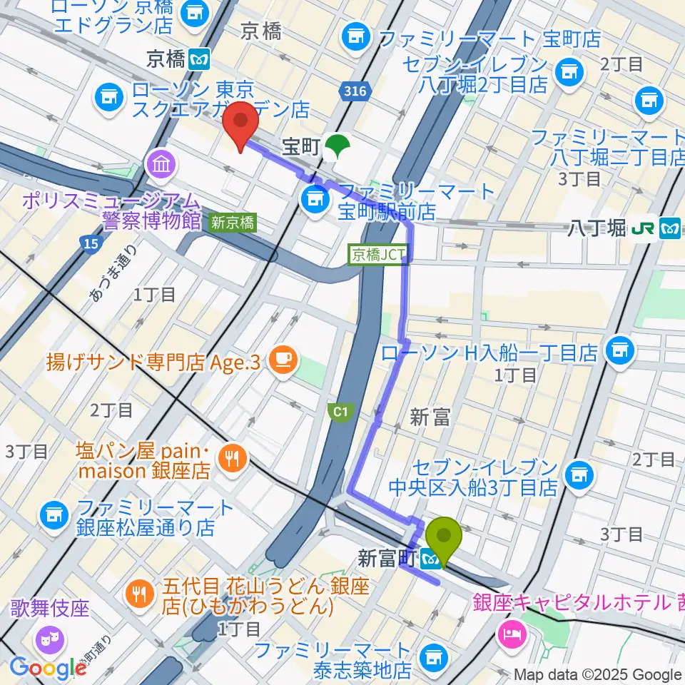 新富町駅から国立映画アーカイブへのルートマップ地図