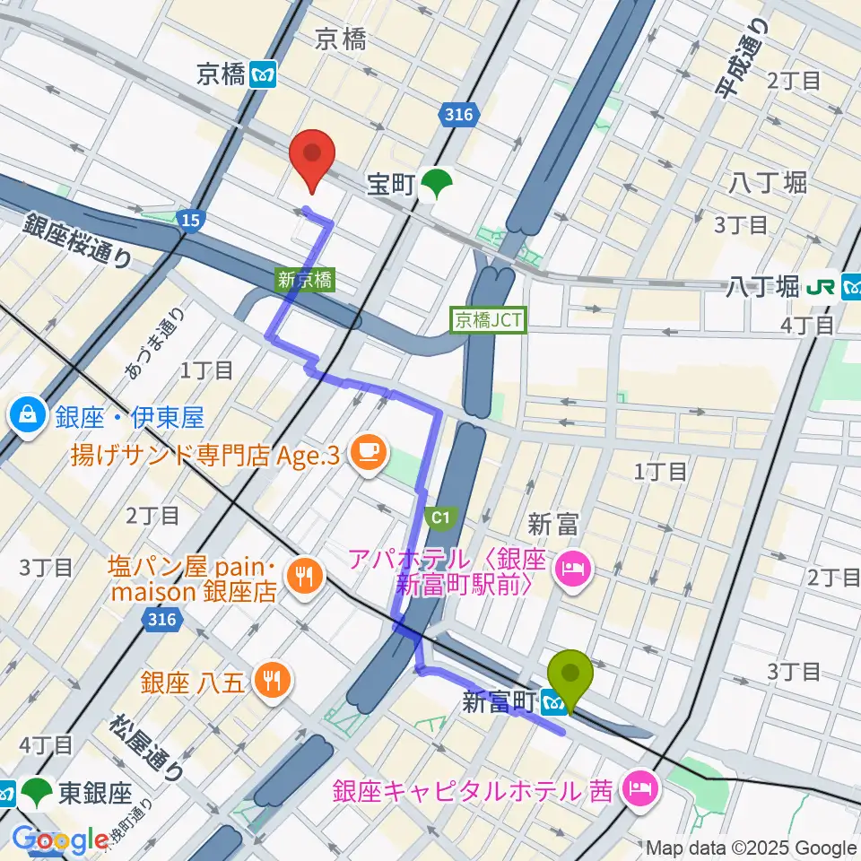 新富町駅から国立映画アーカイブへのルートマップ地図