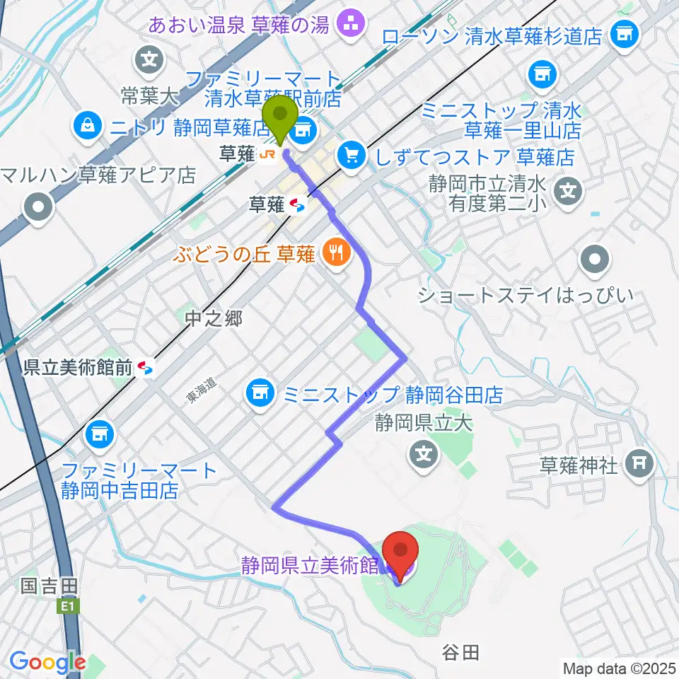 草薙駅から静岡県立美術館へのルートマップ地図