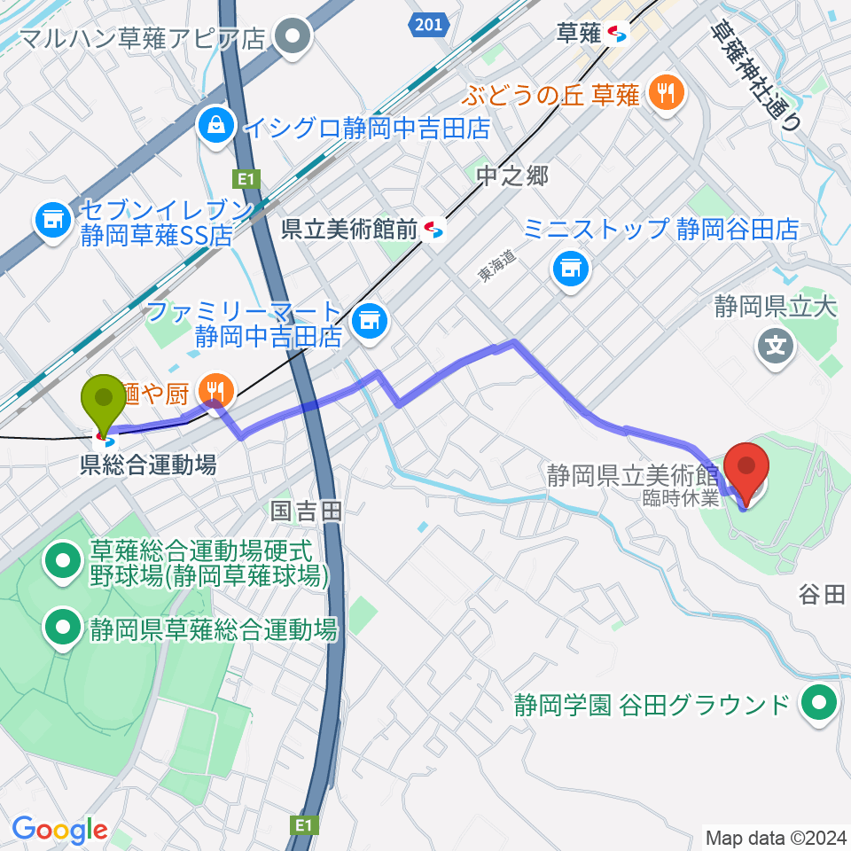 県総合運動場駅から静岡県立美術館へのルートマップ地図