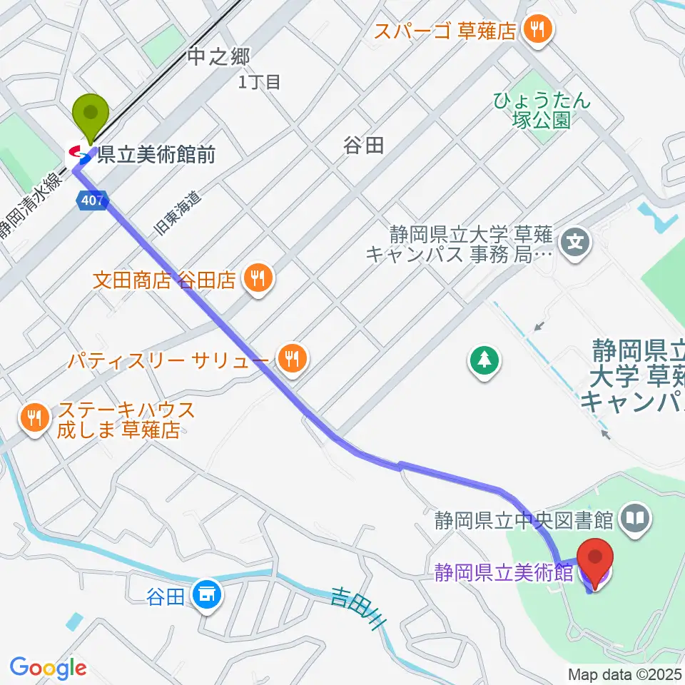 静岡県立美術館の最寄駅県立美術館前駅からの徒歩ルート（約15分）地図
