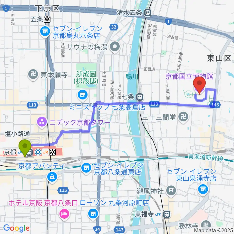 京都駅から京都国立博物館へのルートマップ地図