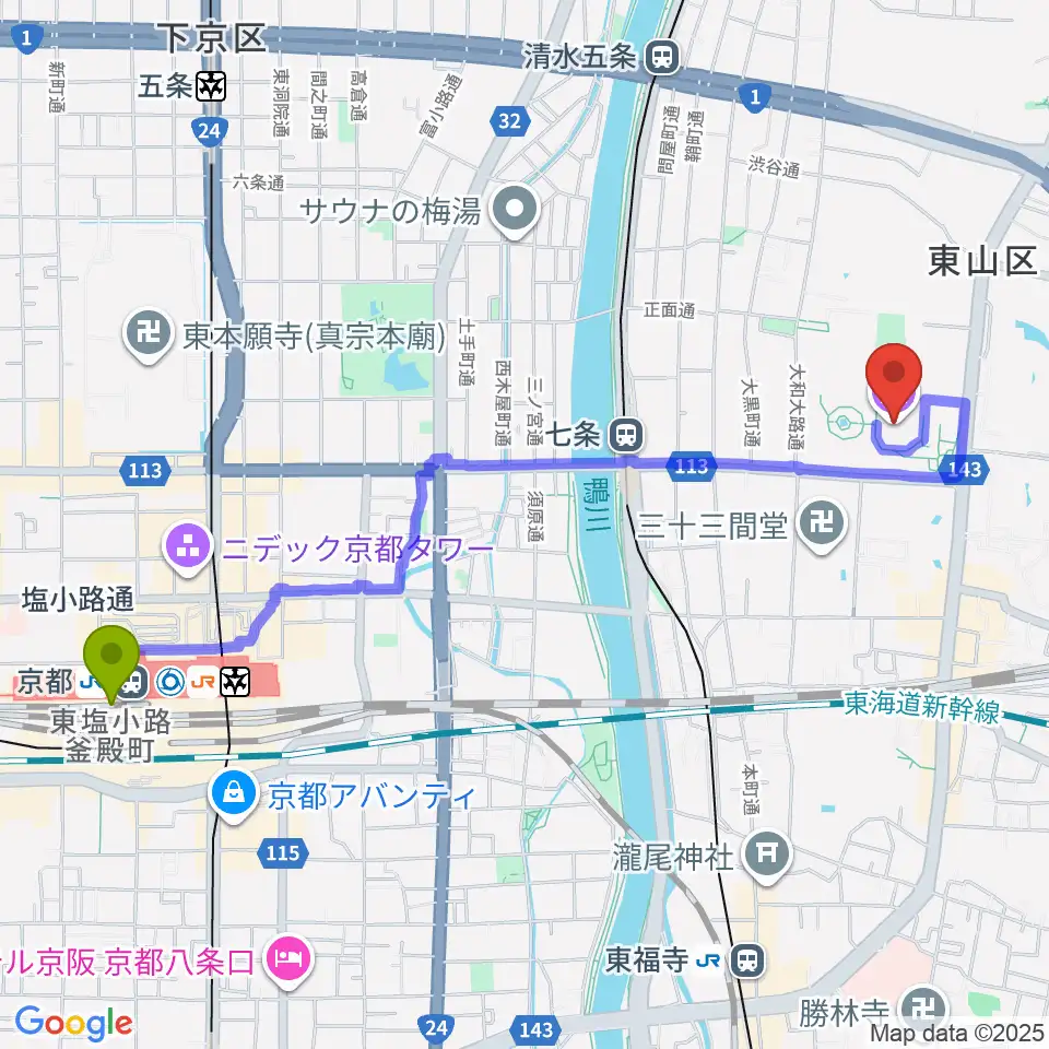 京都駅から京都国立博物館へのルートマップ地図