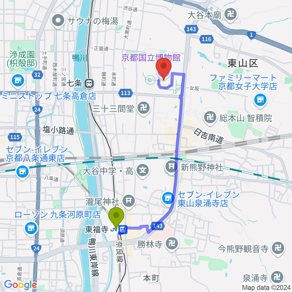 東福寺駅から京都国立博物館へのルートマップ地図