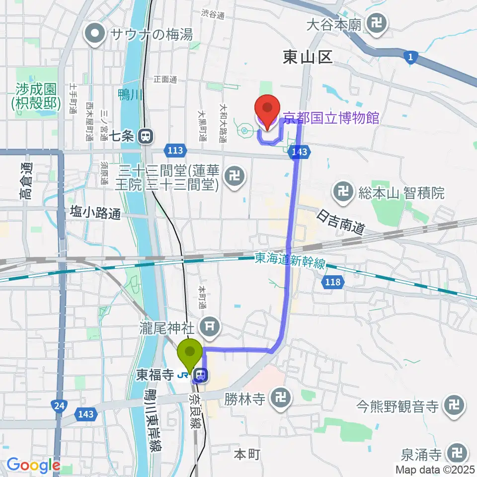 東福寺駅から京都国立博物館へのルートマップ地図