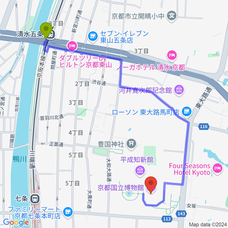 清水五条駅から京都国立博物館へのルートマップ地図