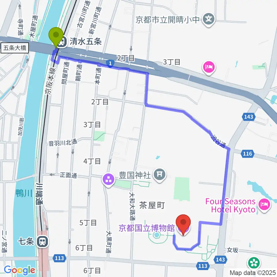 清水五条駅から京都国立博物館へのルートマップ地図