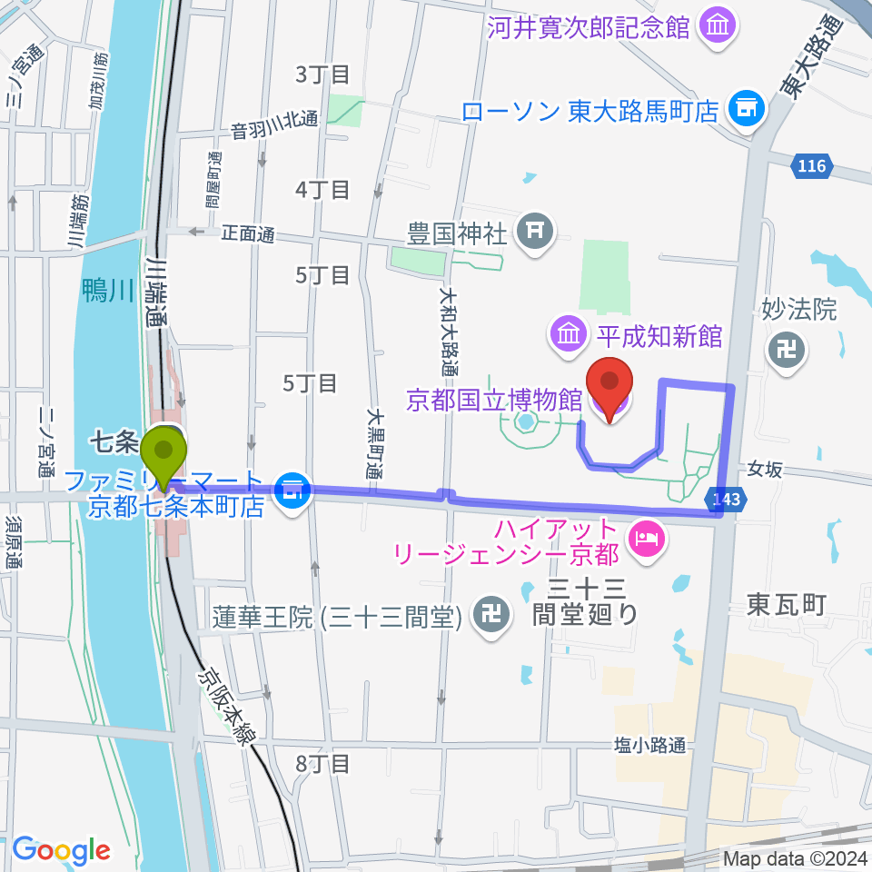 京都国立博物館の最寄駅七条駅からの徒歩ルート（約8分）地図