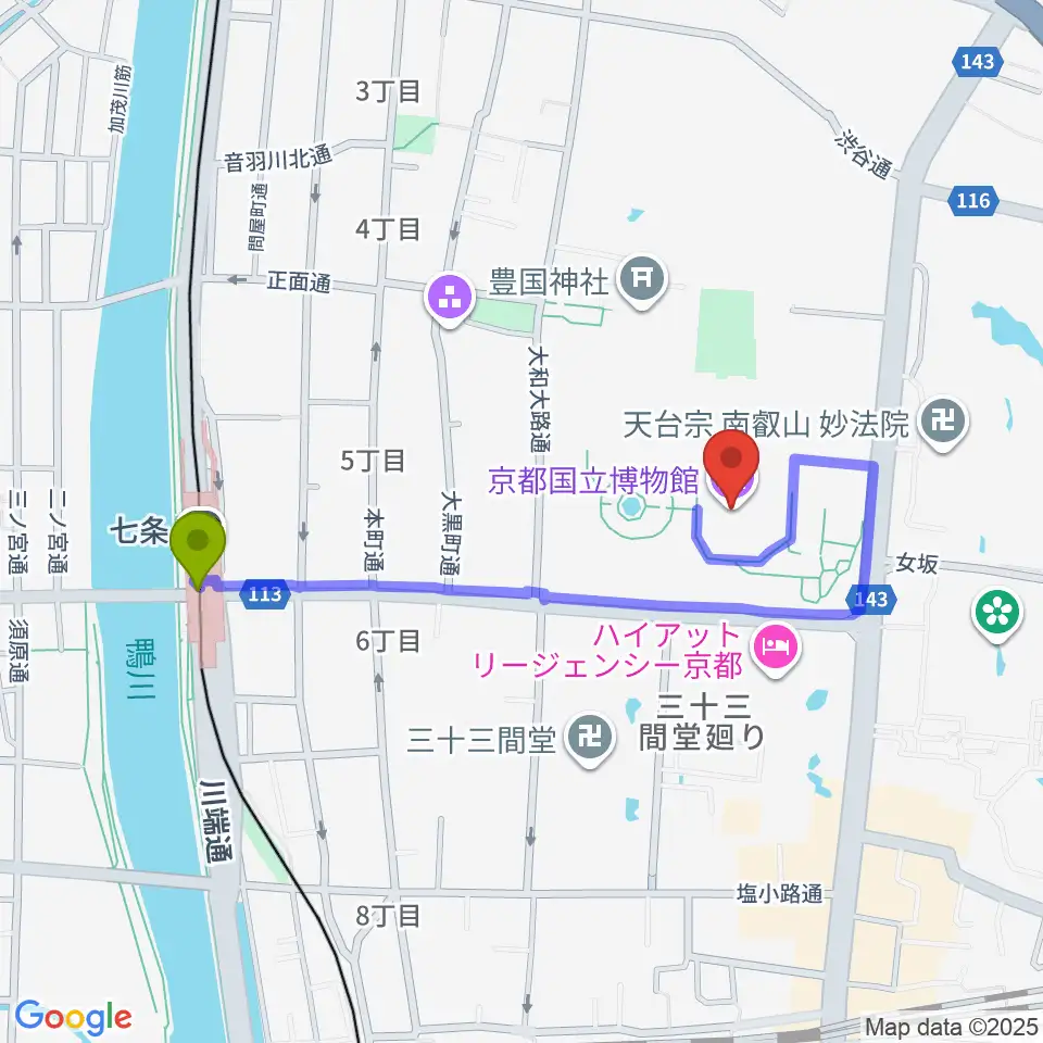 京都国立博物館の最寄駅七条駅からの徒歩ルート（約8分）地図