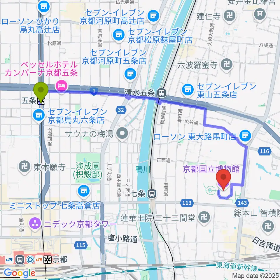 五条駅から京都国立博物館へのルートマップ地図