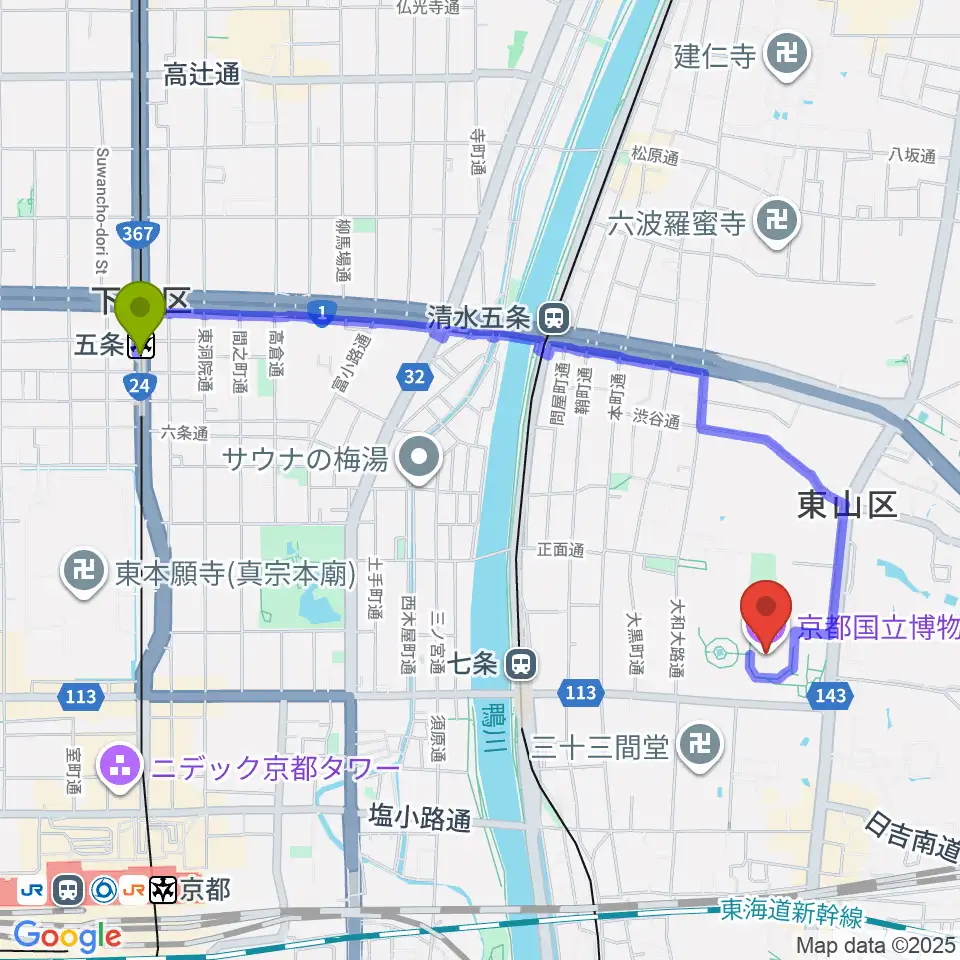 五条駅から京都国立博物館へのルートマップ地図