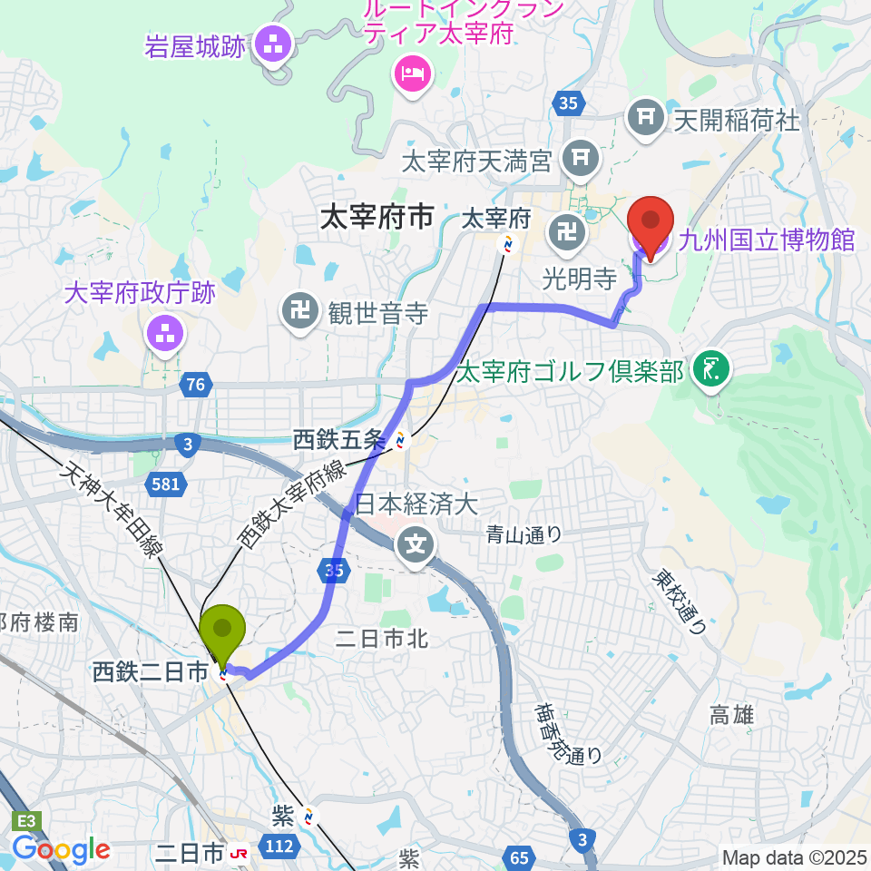 西鉄二日市駅から九州国立博物館へのルートマップ地図