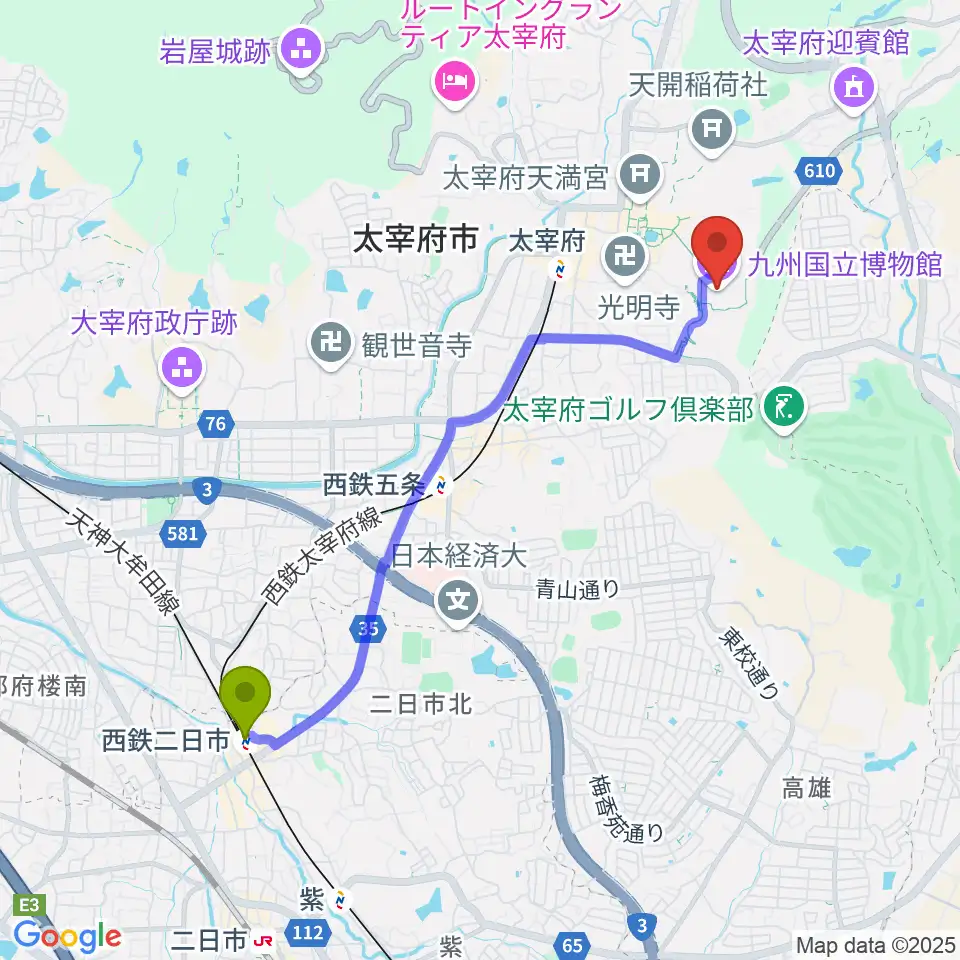 西鉄二日市駅から九州国立博物館へのルートマップ地図