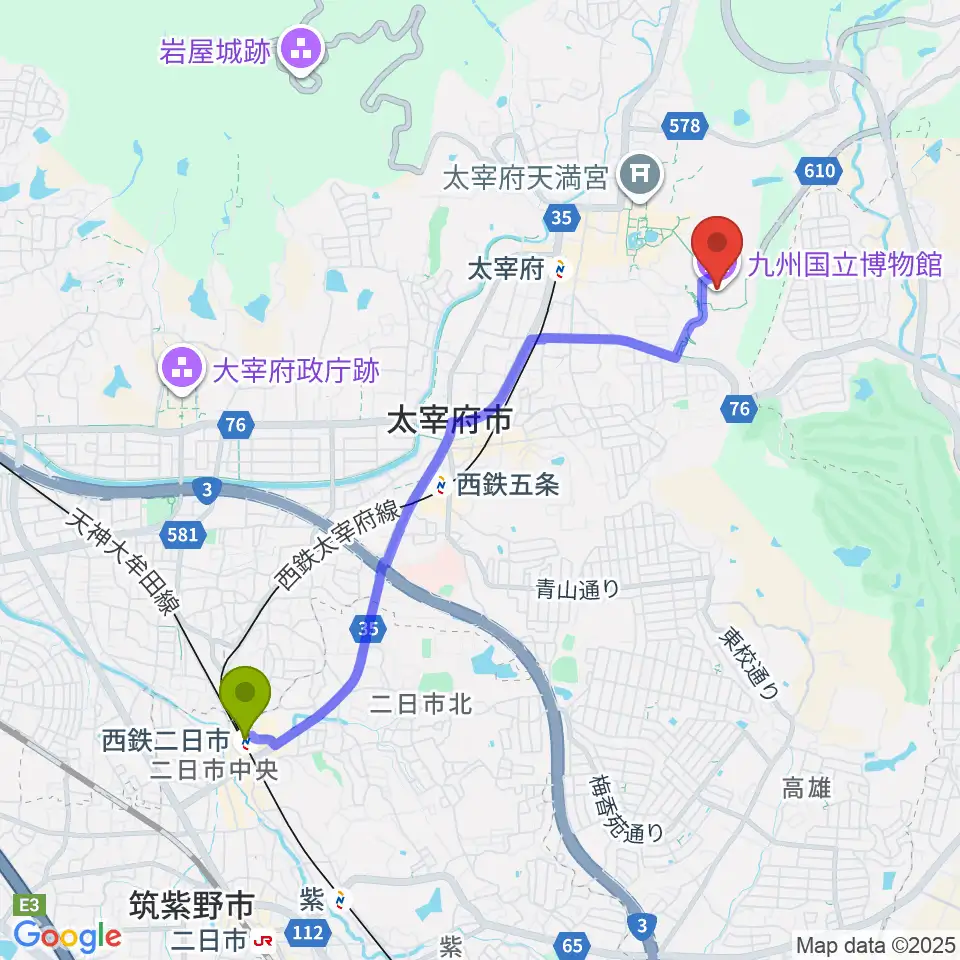西鉄二日市駅から九州国立博物館へのルートマップ地図