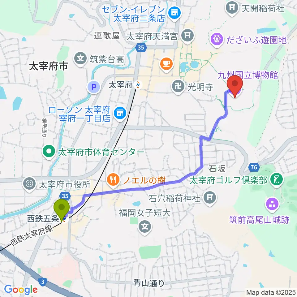 西鉄五条駅から九州国立博物館へのルートマップ地図