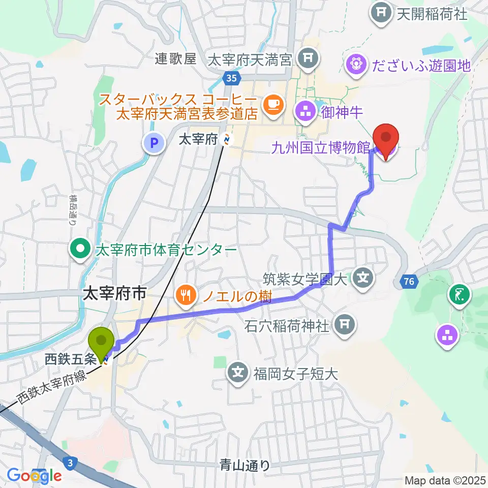 西鉄五条駅から九州国立博物館へのルートマップ地図