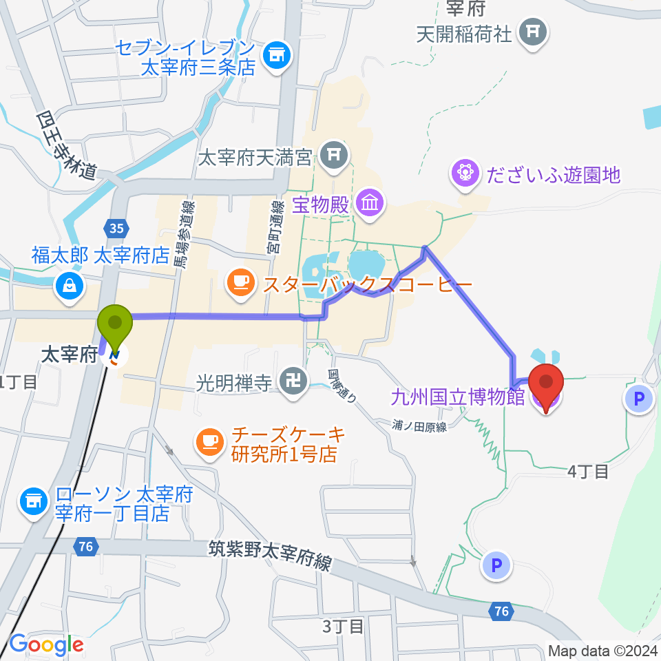 九州国立博物館の最寄駅太宰府駅からの徒歩ルート（約10分）地図