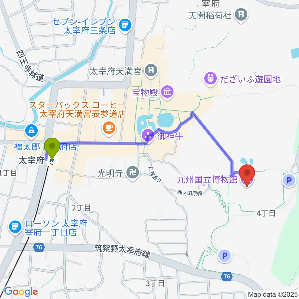 九州国立博物館の最寄駅太宰府駅からの徒歩ルート（約10分）地図