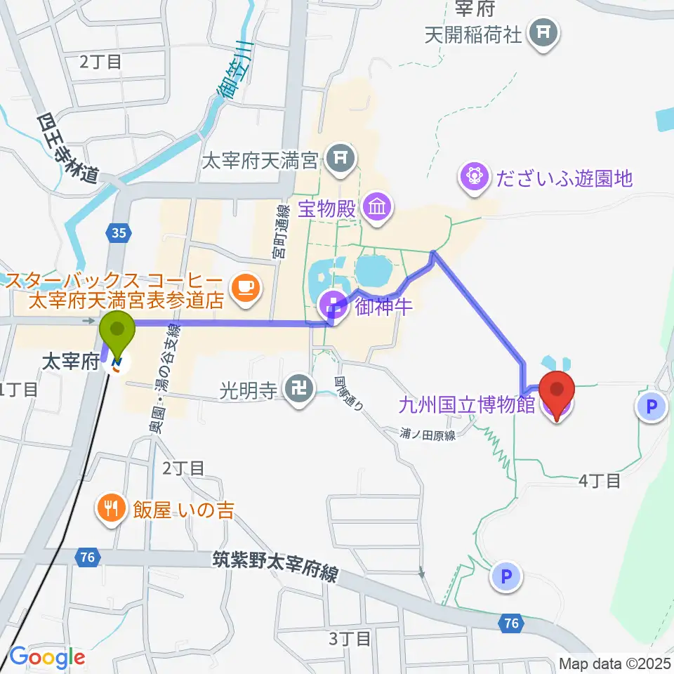 九州国立博物館の最寄駅太宰府駅からの徒歩ルート（約10分）地図