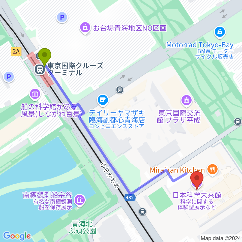 東京国際クルーズターミナル駅から日本科学未来館へのルートマップ地図