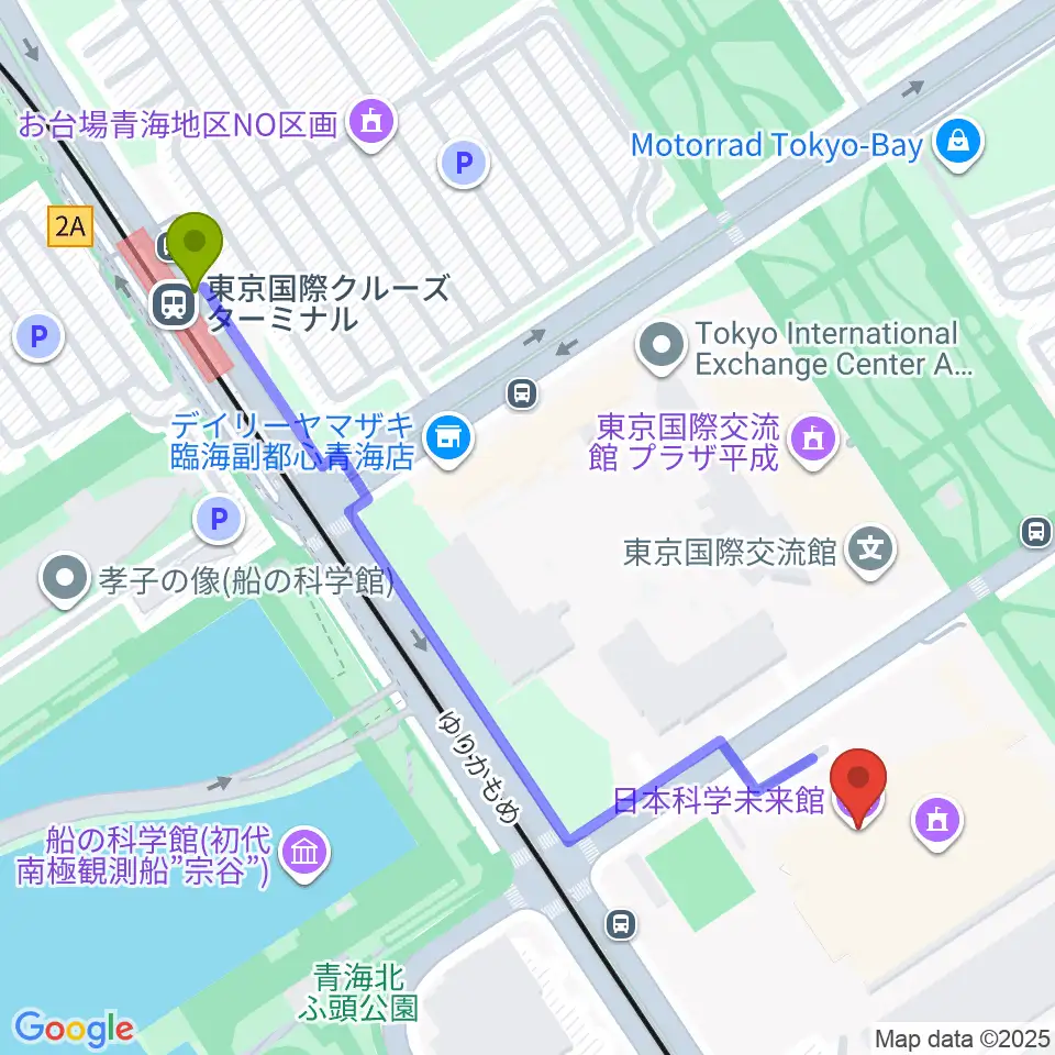 東京国際クルーズターミナル駅から日本科学未来館へのルートマップ地図