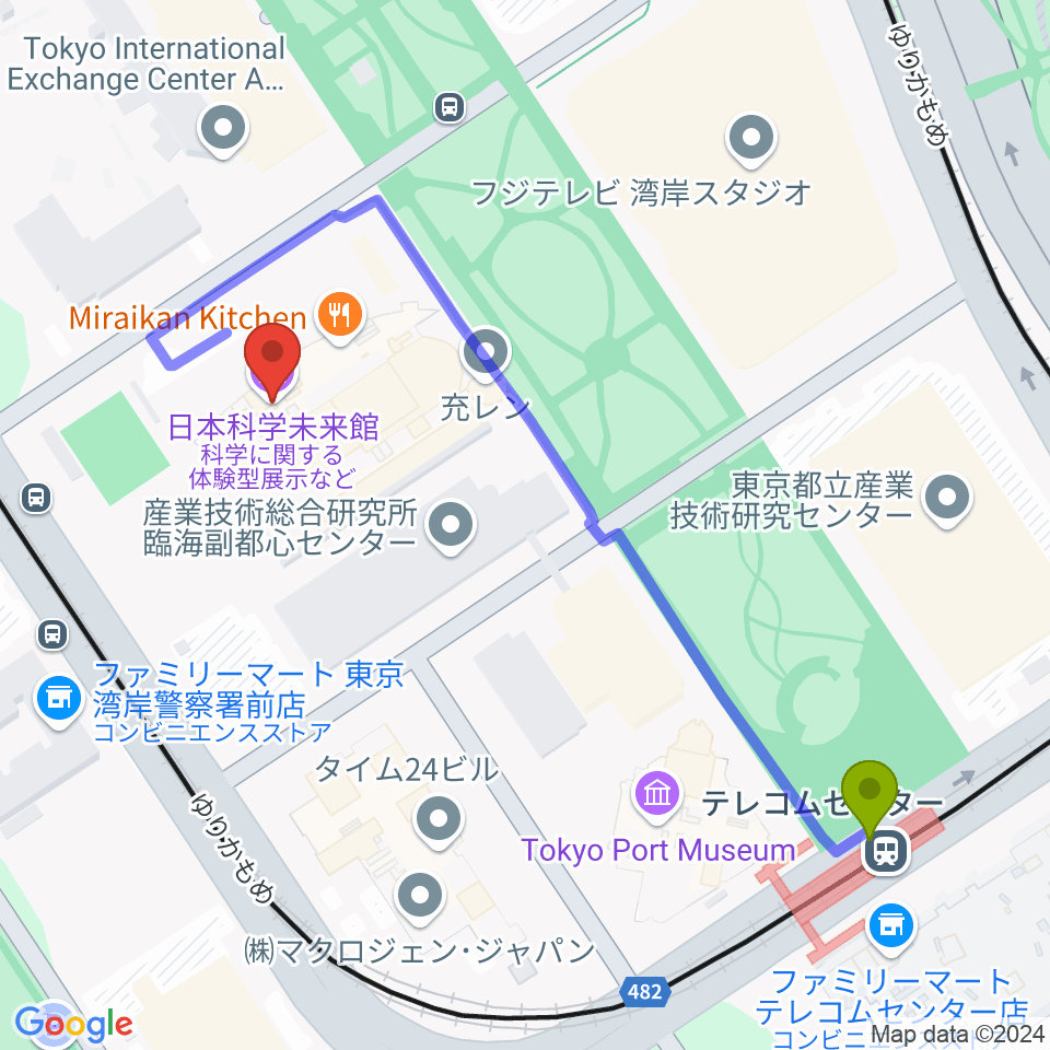 日本科学未来館の最寄駅テレコムセンター駅からの徒歩ルート（約5分）地図