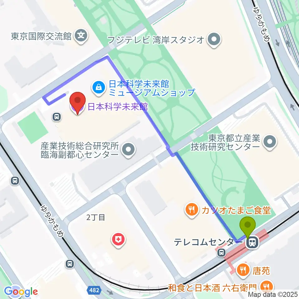 日本科学未来館の最寄駅テレコムセンター駅からの徒歩ルート（約5分）地図