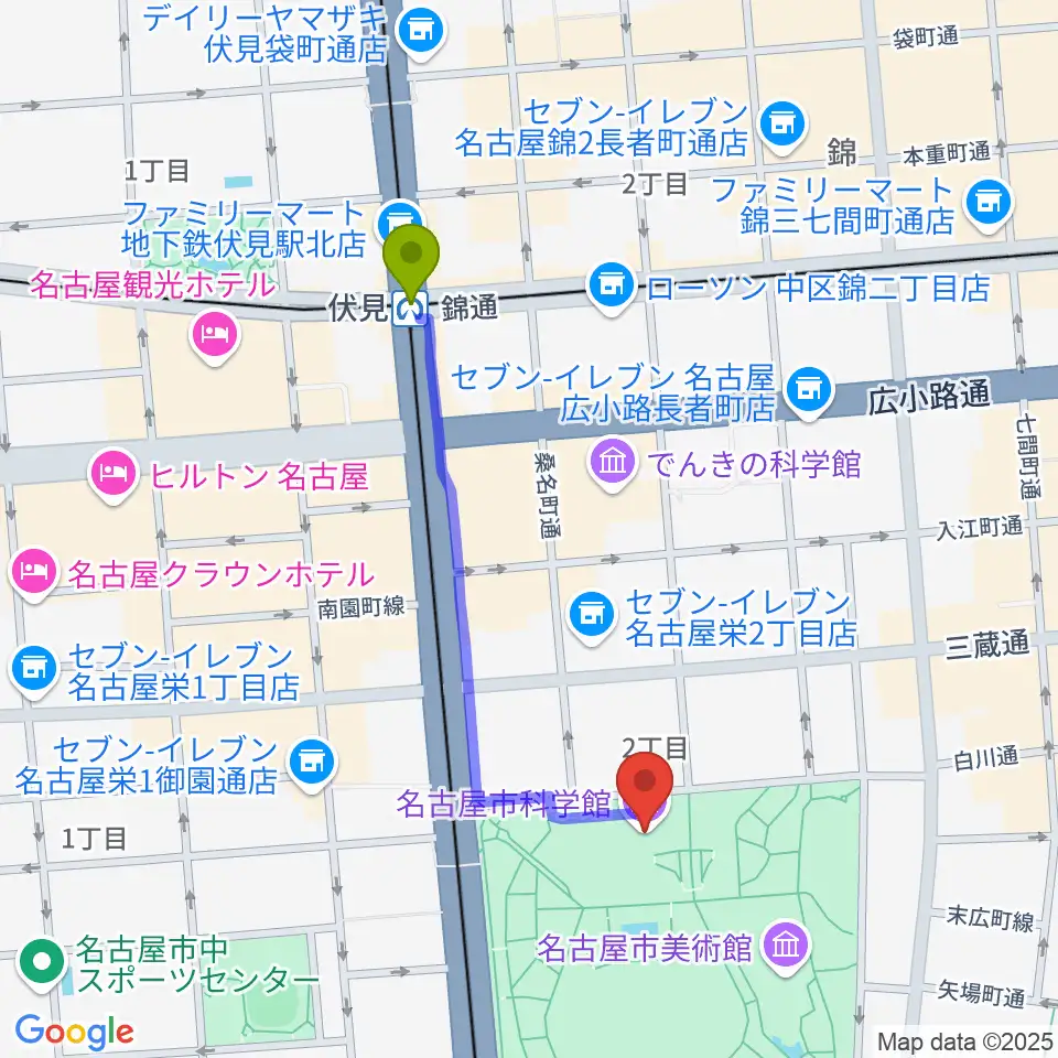 伏見駅から名古屋市科学館へのルートマップ地図