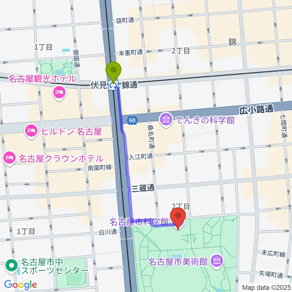 伏見駅から名古屋市科学館へのルートマップ地図