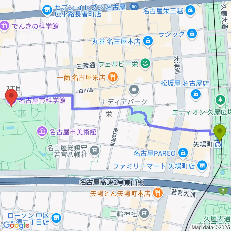 矢場町駅から名古屋市科学館へのルートマップ地図