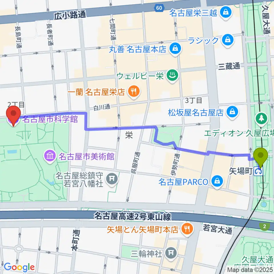 矢場町駅から名古屋市科学館へのルートマップ地図