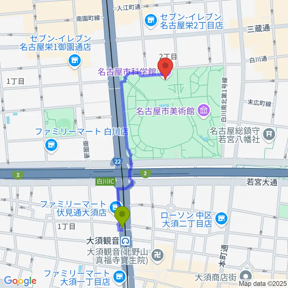 名古屋市科学館の最寄駅大須観音駅からの徒歩ルート（約8分）地図