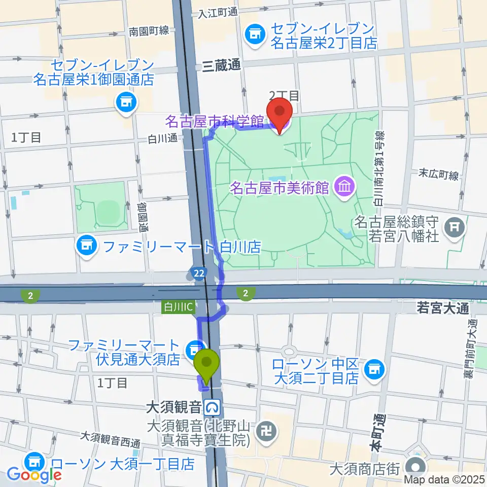名古屋市科学館の最寄駅大須観音駅からの徒歩ルート（約8分）地図