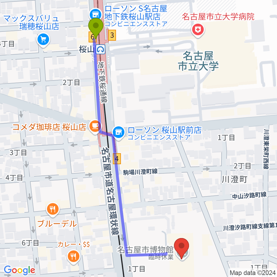 名古屋市博物館の最寄駅桜山駅からの徒歩ルート（約7分）地図