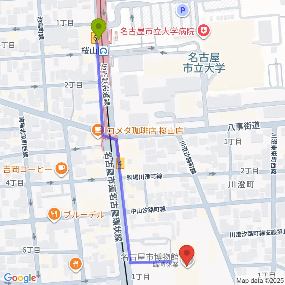 名古屋市博物館の最寄駅桜山駅からの徒歩ルート（約7分）地図