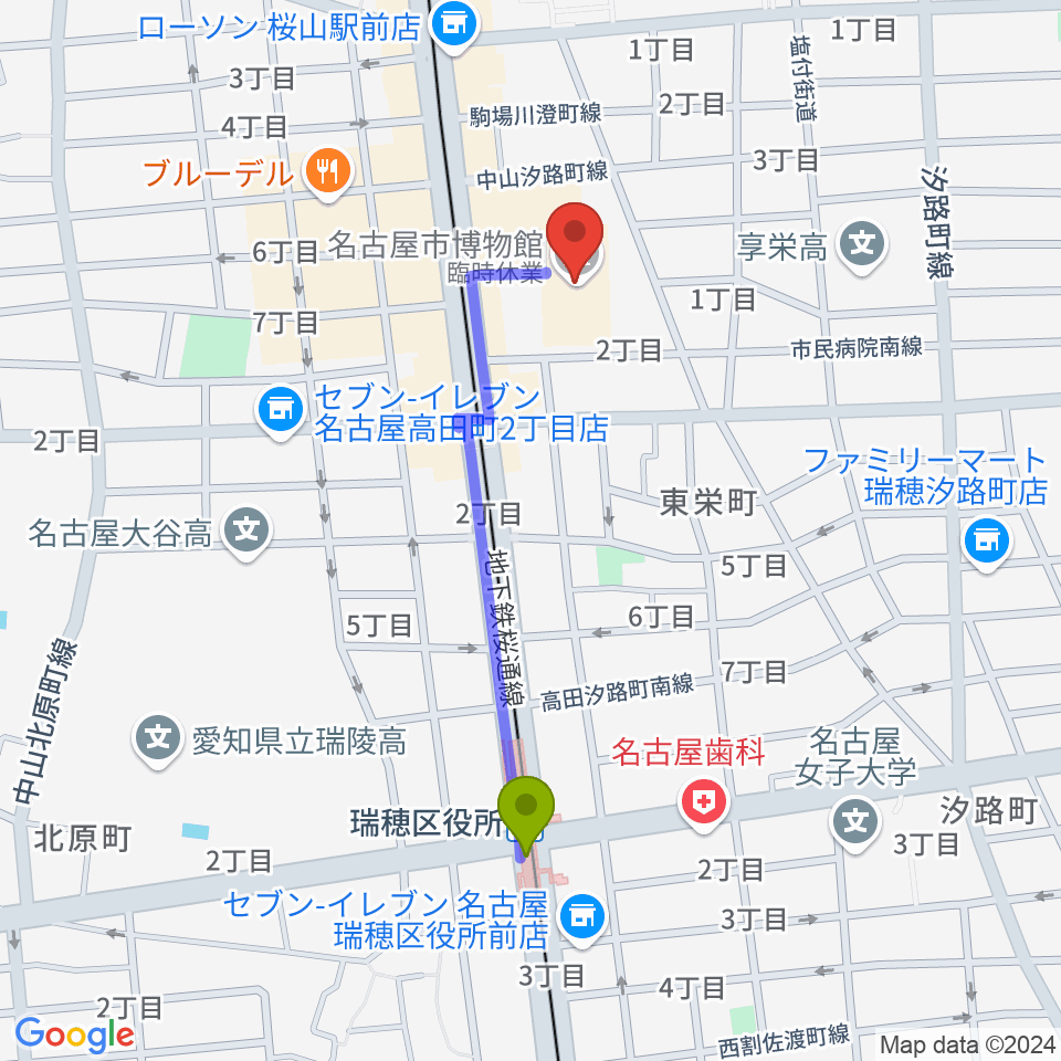 瑞穂区役所駅から名古屋市博物館へのルートマップ地図