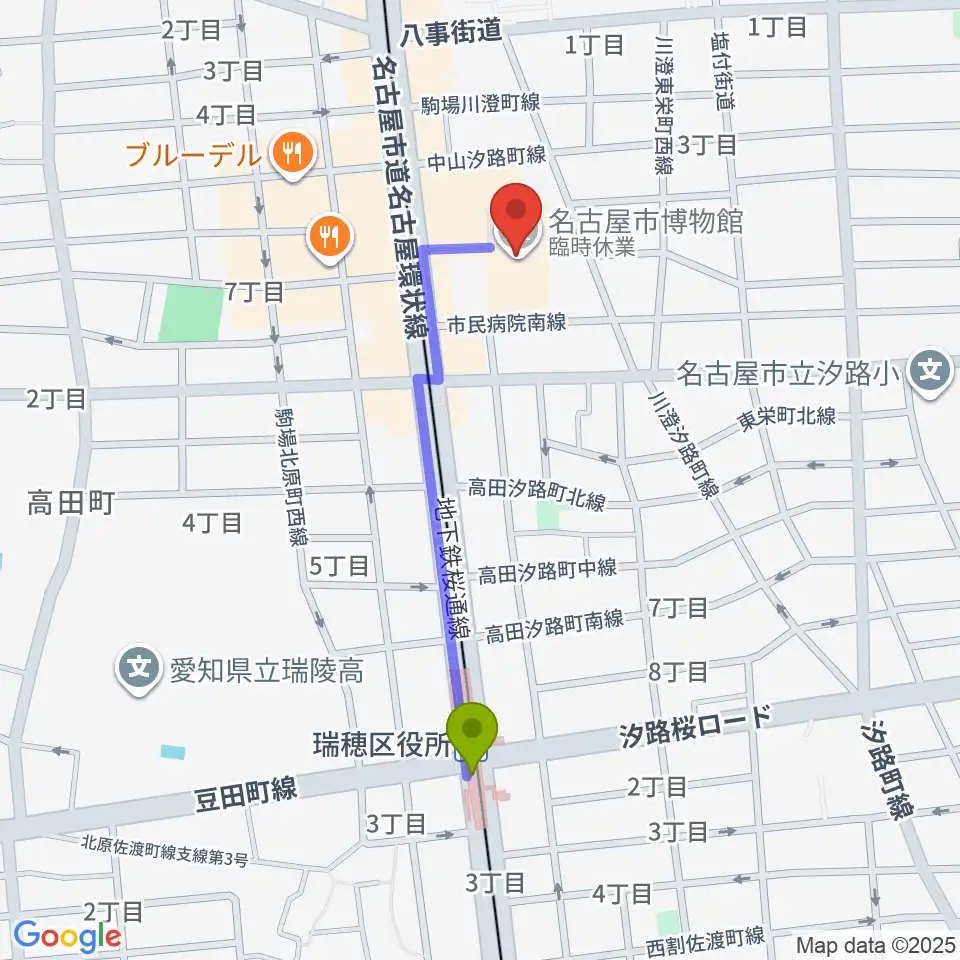 瑞穂区役所駅から名古屋市博物館へのルートマップ地図
