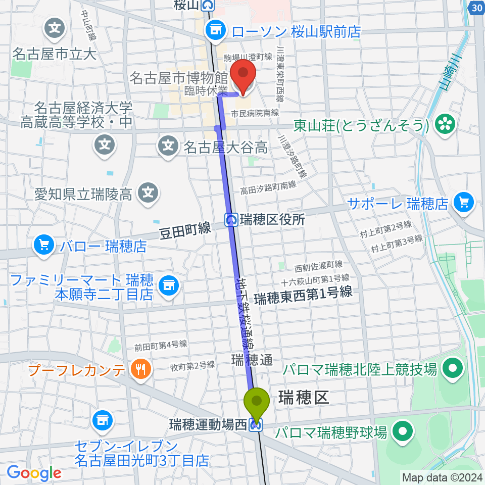 瑞穂運動場西駅から名古屋市博物館へのルートマップ地図