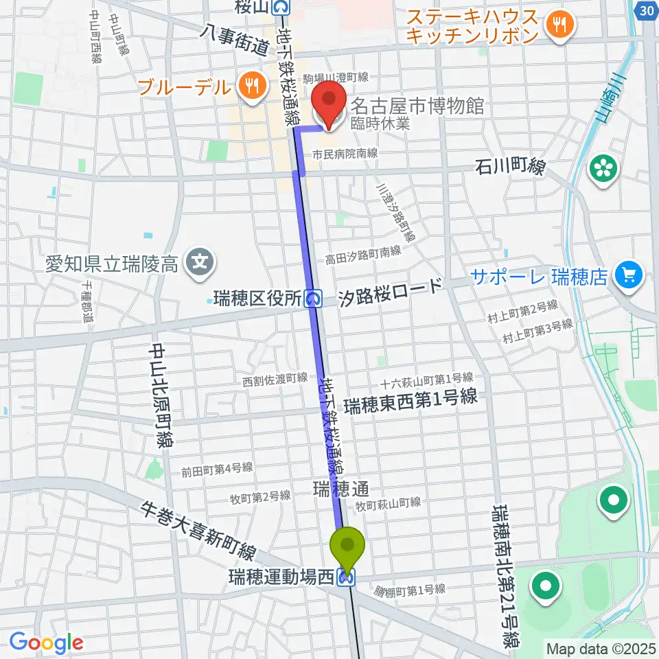瑞穂運動場西駅から名古屋市博物館へのルートマップ地図