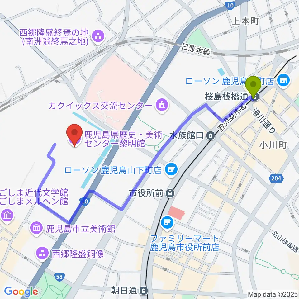 桜島桟橋通駅から鹿児島県歴史・美術センター黎明館へのルートマップ地図