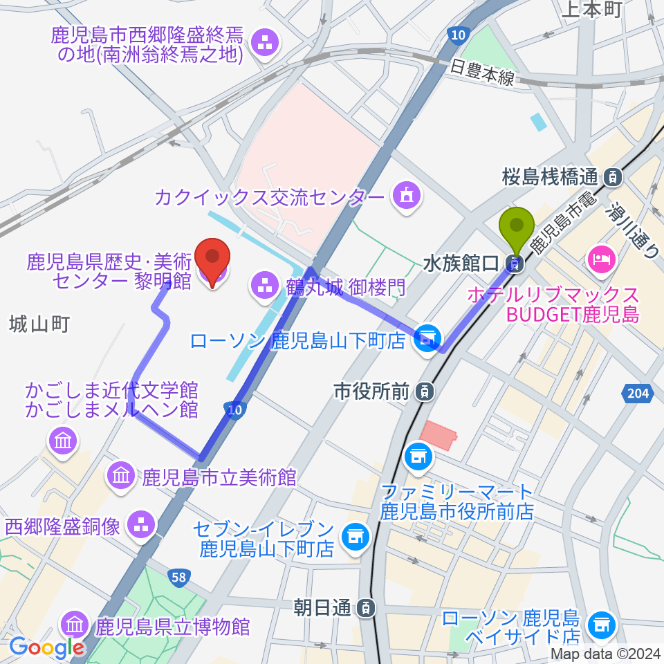 水族館口駅から鹿児島県歴史・美術センター黎明館へのルートマップ地図