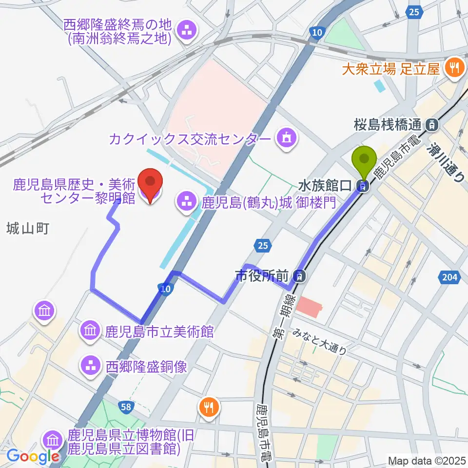 水族館口駅から鹿児島県歴史・美術センター黎明館へのルートマップ地図